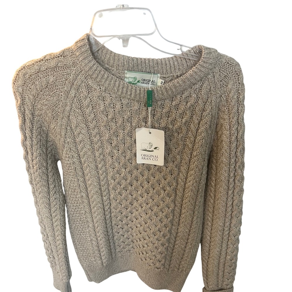 Original Aran Cable Knit Sweater Chunky Fisherman's Minimal Oatmeal XS 100% Wool